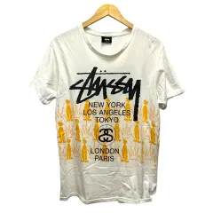 ステューシー STUSSY Tシャツ クルーネック コットン ロゴプリント 半袖 M 白 ホワイト オレンジ