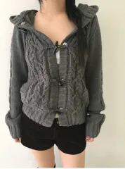 our cabinet ダッフル ケーブル編み WHO フード 長袖 ニット カーディガン チャコール ourcabinet