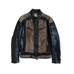 DIESEL / ディーゼル バイカラー ラムレザージャケット ブラウン×ブラック Mサイズ フロントパネル シルバープレート