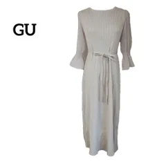 GU ジーユー 7部袖 シフォン スリーブ ニット ワンピース ロング マキシ丈 プリーツ Sサイズ 紐ベルト