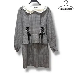 ankrouge／アンクルージュ／グレー／長袖／ペプラム／ワンピs－う／リボン／襟／かわいい／ロリータ／総柄／チェック／M