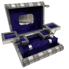 【希少】シルバー アンティーク調 ジュエリーボックス 小物入れ アクセサリーケース ヴィンテージ 装飾デザイン 鏡付き トレイ展開 宝石箱 収納ケース 上品