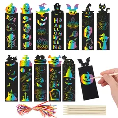 (スクラッチアート) 虹絵ー 無地 プレゼント 手作り DIY 工作 お絵描き 塗り絵 おしゃれ ブックマーク しおり 48枚 スクラッチアート ハロウィン FINGOOO