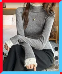 新品 レディース レースフリル ハイネック リブニットソー タイトニット 細見え 重ね着 インナー 秋冬 レイヤード トップス【送料無料】