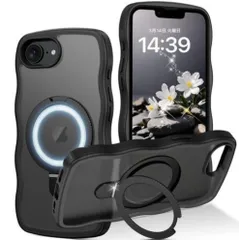 ★[ウェーブ&スタンド]GUAGUA iphone 16e ケース 耐衝撃 ウェーブデザイン マット白 120°調整可能 金属キックスタンド マグネット搭載 縦横両用 360°回転リング付き 指紋防止 滑り止め 高耐久 (ブラック)