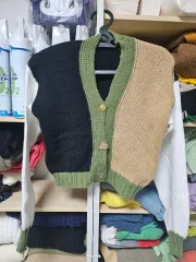 レディース バイカラー クロップド ニット カーディガン