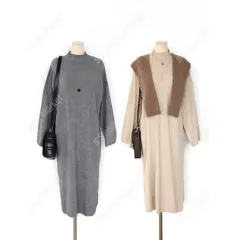 (在庫処分 セール/当日配送) ハイネック ニット ロング丈 ONE PIECE - ピンク チャコール