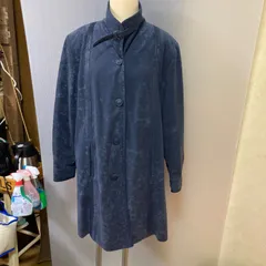 模様が素敵　ネイビー スエード調ロングコート　L