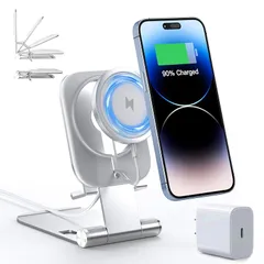ワイヤレス充電器 Magsafe対応 iPhone 16/15/14/13/12 Pro Max Miniシリーズ対応【ワイヤレス充電スタンド+ 20W USB-Cアダプター付属】マグネット式 USB-Cケーブル付き 折り畳み式 角度調節 スマホ充電器 ス 0