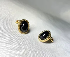 美品 Dior ディオール ブラックラージストーン装飾＆ゴールドメタリック ヴィンテージ イヤリング 男女兼用 プレゼントやギフトにも