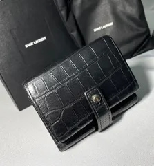 美品 Saint Laurent Paris サンローランパリ 三つ折りレザー財布 黒 YSL クロコダイル 型押し コンパクトウォレット 付属あり