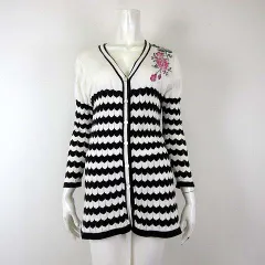レイクアルスター Lake Alster カーディガン コットン 長袖 シュニール織 花柄 シェブロン柄 M-L 白 ホワイト 黒 ブラック ピンク