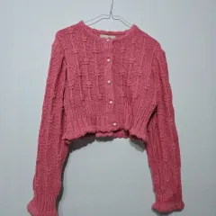 VIVIDタイプ ハート ボタン クロップド レース 編み ニット カーディガン インディ ピンク