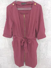 ◇ green label relaxing UNITED ARROWS リボン付 ジップアップ 長袖 膝丈 ワンピース ワインレッド * 【1002799795371】