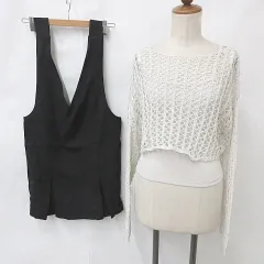 グレイル GRL 透かし編みニット ショート丈 キャミソール ジャンパースカート 2枚セット 長袖 丸首 ミニ丈 タック フレア グレージュ 黒 ブラック M F