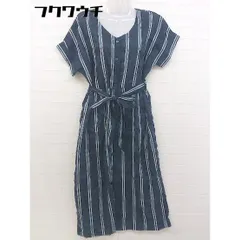 ◇ ◎SHOO・LA・RUE リネン混　ストライプ　 五分袖 膝下丈 ワンピース サイズM ネイビー　ホワイト　グリーン レディース  【中古】 【1106230006672】