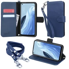 wisers OPPO Reno7 A / Reno9 A ケース OPG04 手帳型 スマホケース (ダークブルー) ストラップ 2種付 (ハンドストラップ/ネックストラップ) カードホルダー