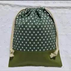 ハンドメイド、星柄の給食袋、巾着袋、コップ入れ、緑