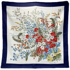 ☆☆Christian Dior クリスチャンディオール スカーフ 花柄 ネイビー×ホワイト シルク100％