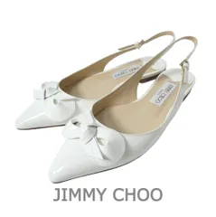 美品 JIMMY CHOO ジミーチュウ パンプス サンダル フラットシューズ リボン ポインテッドトゥ スリングバック エナメル パテントレザー  ホワイト サイズ37.5 約24.5㎝ レディース 古着 中古