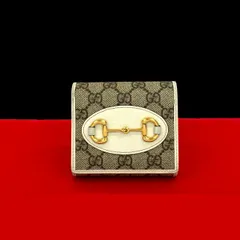 極 美品 GUCCI グッチ GGスプリーム 柄 ホースビット 金具 レザー 二つ折り財布 ミニ ウォレット カードケース ブラウン ホワイト 37040
