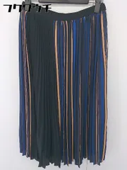 ◇ K.T KIYOKO TAKASE ジップアップ ストライプ 膝下丈 プリーツ スカート サイズ 9 ネイビー ブラック マルチ レディース  【1109300005896】