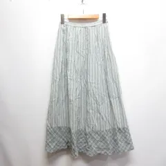 ハーモニカ HARMONICA ストライプ柄 マキシ ロング スカート M グレー 麻混 ウエストゴム 裾チェック柄 裏地付き