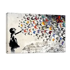 【新品】 バンクシー 女の子 胡蝶 ポスター 絵画 アートパネル アートフレーム モダン 漫画 Banksy 装飾画 キャンバス絵画 アートボード 部屋飾り 壁の絵 壁掛け 風水 玄関 開運 木枠付きの完成品 誕生日プレゼントとして 0
