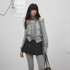 地雷系 スタイル オフショルダー カーディガン 星 プリント フリル まとめ売り デザイン