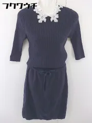 ◇ ◎ Rirandture Apuweiser riche 付け衿付 七分袖 膝下丈 ニット ワンピース サイズ2 ネイビー系 レディース  【中古】 【1111020007173】