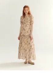 シンスゼン ビエンナ タイ ロング丈ワンピース フラワー パータン ロング丈ワンピース シフォン パフ 袖