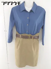 ◇ ◎ QUEENS COURT クイーンズコート ベルト付 七分袖 膝丈 ワンピース サイズ2 ブルー ベージュ レディース  【中古】 【1111180002940】のサムネイル