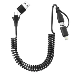 aceyoon 4 in 1 充電ケーブル コイル型 Type C/USB-A/Lightning 変換 巻き取り式 マルチ USB C 充電コード 0.9Mまで伸縮可能 最大 60W USB2.0 for Apple Carplay for Android