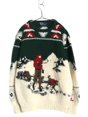 【お得なクーポン配布中!】 90s ★ ポロ ラルフローレン ウール ニット セーター メンズ L / 古着 オールド ノルディック 犬ぞり 総柄 絵柄 ネイティブ ハンドメイド