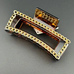 【新品】定価1540円 ヘアアクセサリー ヘアクリップ バンスクリップ 大きめ シンプル ブラウン×ゴールド チェーン 可愛い◆