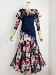 《新品》社交ダンス　ネイビー　ソフトメッシュ　ケープフリルデザイン　オーガンジーフリル　斜め切り替えフレアスカート　セットアップドレス　衣装　①