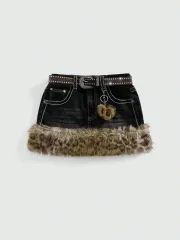 SHEIN直販 ブラックデニム レオパード ファー ミニスカート Sサイズ 出品