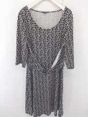 ◇ TALBOTS タルボット 総柄 デザイン 七分袖 膝下丈 ワンピース サイズL ブラック ホワイト レディース  【中古】 【1204180002437】