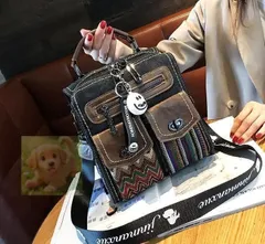 超人気★レトロエスニック牛革3斜め掛けデニムでワンショルダーバッグ