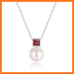 【新品】 [FANCIME] 本真珠 ネックレス レディース 天然 淡水真珠 7-7.5mm 1粒 ガーネット 1月 誕生石 エメラルドカード パール キューブ シルバー S925 お守り石 誕生日 プレゼント ギフト ご褒美 ラッピング付き 0