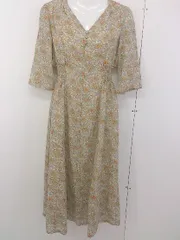 ◇ natural couture 花柄 Vネック 七分袖 膝下丈 フレア ワンピース サイズ F ベージュ グリーン マルチ レディース  【中古】 【1206230000318】