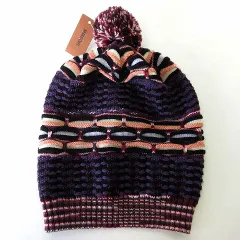 ミッソーニ MISSONI ニットキャップ ニット帽 立体 ボーダー柄 ボンボン付 メリノウール F 黒 ブラック 紫 パープル ピンク タグ付 美品 イタリア製