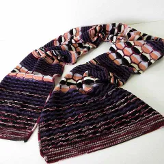 ミッソーニ MISSONI マフラー ロングマフラー 立体 ニット メリノウール マルチカラー ハニカムボーダー柄 黒 ブラック 紫 ベージュ ピンク 美品 イタリア製