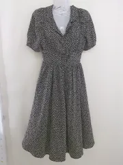 ◇ one after another NICE CLAUP 開襟 花柄 半袖 膝下丈 ワンピース サイズF ブラック ホワイト レディース  【中古】 【1207050003824】