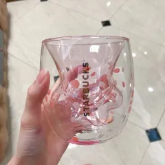 スターバックス 猫の肉球グラス ピンク桜柄 二重構造 熱さ防止 300ml