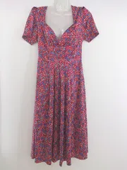 ◇ SLY スライ 総柄 ハートネック 半袖 膝下丈 フレア ワンピース サイズ1 レッド パープル レディース P  【中古】 【1209070007486】