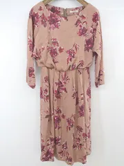 ◇ La TOTALITE ラ トータリテ 花柄 サテン地 七分袖 膝丈 ワンピース ピンク ブラウン系 レディース P  【中古】 【1209160000595】