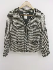 ◇ NATURAL BEAUTY BASIC ノーカラー 装飾 ボーダー 長袖 ジャケット サイズM オフホワイト ブラック レディース P  【中古】 【1209160007464】