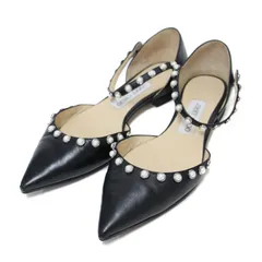 JIMMY CHOO ジミーチュウ サイズ:36(23.0cm) | アンクルストラップ フラット パンプス | LEEMA FLAT | ポインテッドトゥ パール レザー | ブラック | イタリア製 ブランド シューズ【レディース】【中古】