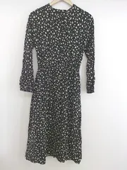 ◇ GLOBAL WORK 総柄 バンドカラー ウエストゴム 長袖 膝下丈 ワンピース サイズM ブラック ベージュ系 レディース P  【中古】 【1209290000731】